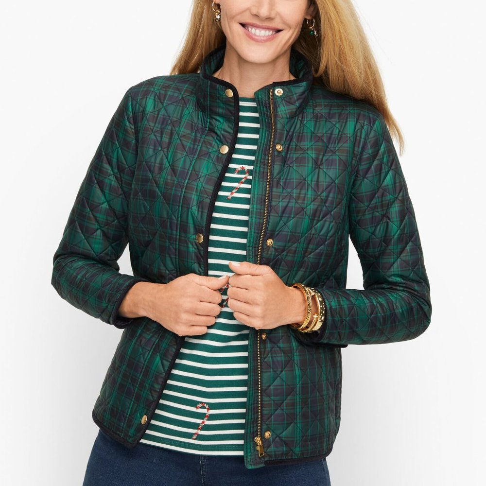 TALBOTS Tartan Plaid Quilted Jacket Coat, Navy Blue & Green, XS
